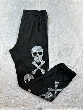 Lance Women’s Medium Black Skull Heart Eyes Jogger Lounge Pants Gothic Stretch